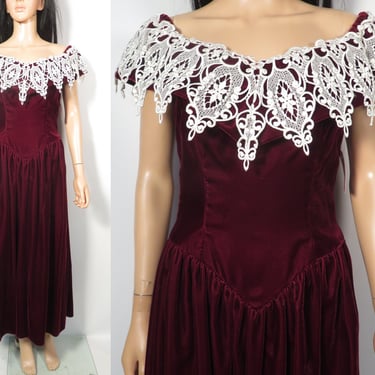 Vintage 80s Deadstock Dark Red Burgundy Wine Color Velvet Holiday Dress Made In USA Size S/M 