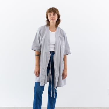Vintage Light Blue Grey Robe Short Sleeve Wrap Shop Jacket | Long Chore Coat Smock | L | 