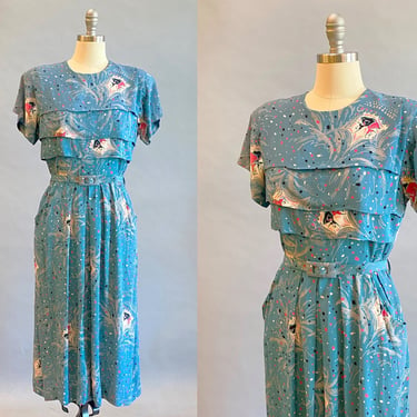 1940's Ballerina Print Dress / 1940s Novelty Print Dress / 1940's Silk Crepe Dress /  Size Medium 