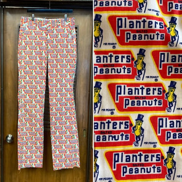 Vintage 1960’s w34 -Deadstock- Planters Peanuts Mr. Peanut Pop Art Cartoon Trousers Pants, Flat-Front, Umworn, Cotton-Poly Blend 