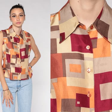 Silk Tank Top Y2K Sleeveless Blouse Retro Button up Shirt Geometric Square Print Groovy Pattern Brown Red Orange Hippie Vintage 00s Medium M 