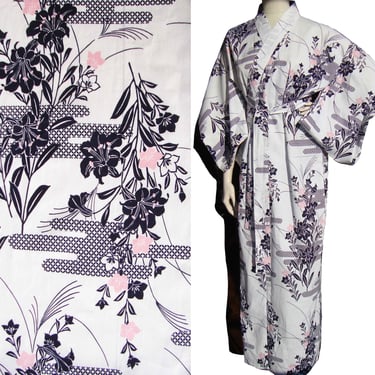 Vintage Japanese Yukata Kimono Floral Cotton Robe M 