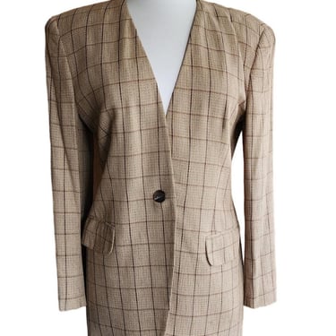 Vintage 80s Blazer Beige Windowpane Plaid Rena Rowan 