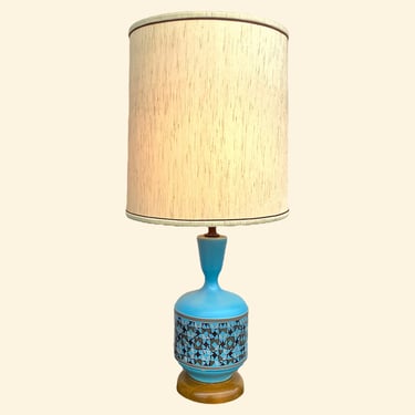 Vintage Table Lamp with Shade Retro 1960s Mid Century Modern + Blue and Gold + Ceramic + Brown Wood Base + Fabric Shade + MCM Lighting WORKS 