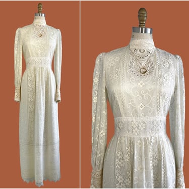 VICTOR COSTA I Magnin Vintage 70s Antique White Lace Dress | 1970s Does Victorian Edwardian | Designer, Boho Wedding Hippie Bridal | Small 