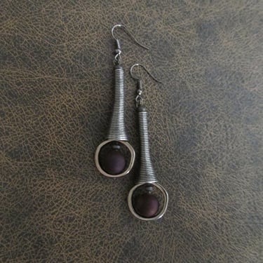 Mid century modern earrings, Brutalist earrings, minimalist earrings, electroplated druzy unique artisan, purple and gunmetal earrings 
