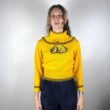 Vintage 60s Cheerleader Sweater / 50s Vintage Letterman Yellow Sweater / 1950s 1960s Knit Sweater / XS Small Women Pullover Turtleneck 
