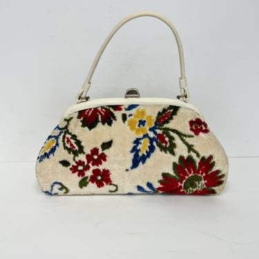 Vintage 1950s Carpet Handbag | Colorful Floral on White with Single Handle and Gold Glasp 