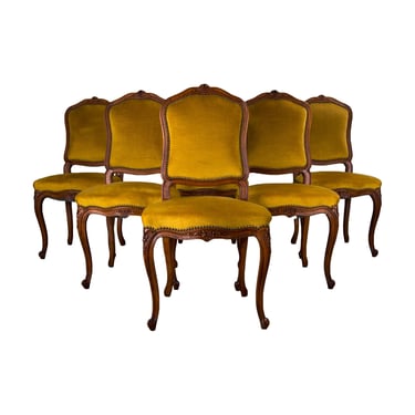 Antique French Louis XV Style Maple Dining Chairs W/ Yellow Velvet - Set of 6 