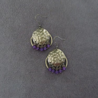 Purple frosted glass and hammered bronze chandelier earrings 