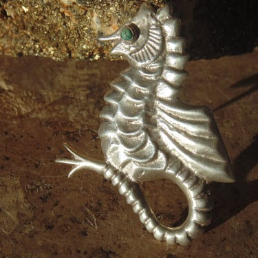 Vintage Mexican Sterling Silver Unique Seahorse Brooch / Pin with Blue Eye - c. 1940's 