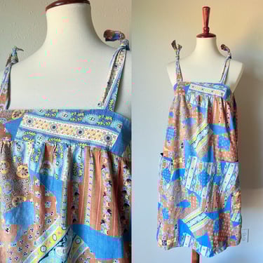 vintage Orange patchwork design paper bag cotton dress with pockets 
