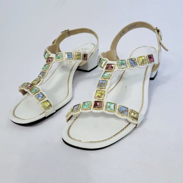 1960's White Vinyl Faux Gem Studded Sandals Heels Shoes I Sz 8 I Signals by Beacon 