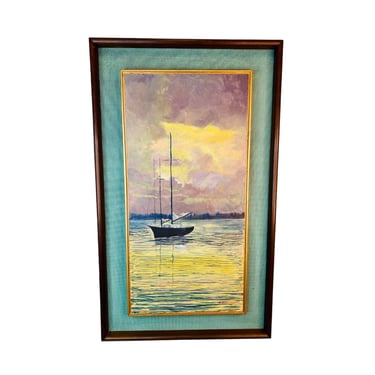 Mid Century Modern Original Signed Nautical Oil Painting, MCM Boat Abstract Art 