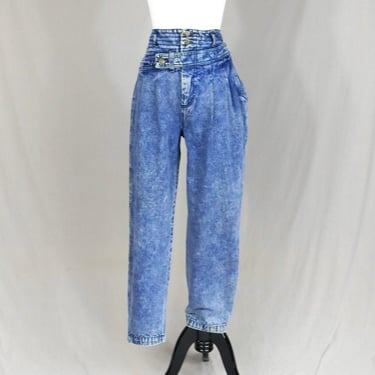 80s Funky Acid Wash Jeans - 30" waist - Weathered Blues - High Rise, Pleated, Asymmetrical Faux Belt, Tapered - Vintage 1980s - 28.5" inseam 