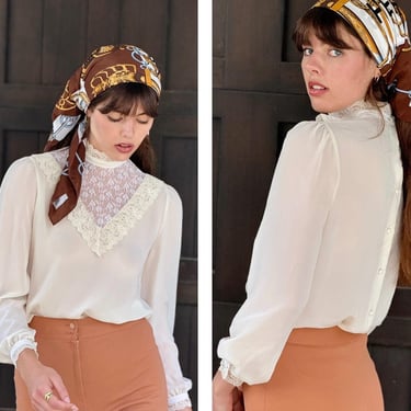 70s cream White Lace Details Blouse Top Sheer long sleeve S M 