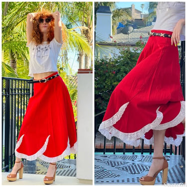 70s 80s high waist Red Western Rodeo Skirt white eyelet fabulous S M 