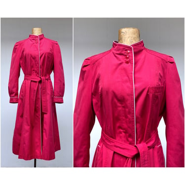 Vintage 1980s Women's Red All Weather Coat, 80s Cotton Blend Princess Coat with Puffed Sleeves, Fit & Flare Medium 38
