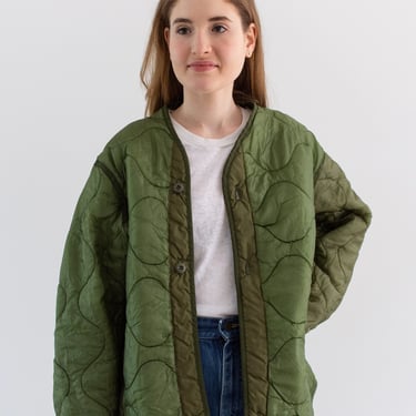 Vintage Green Liner Jacket | Unisex Wavy Quilted Nylon Coat | M | LI127 