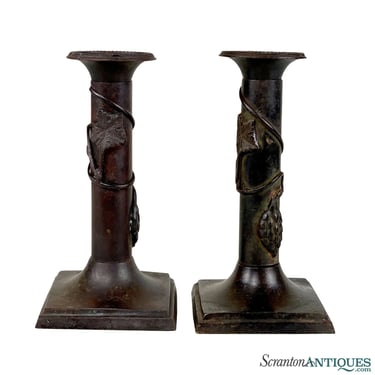 Vintage Traditional Italian Bronze Grapevine Mantle Candlestick Holders - A Pair