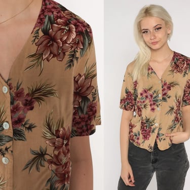 Floral Button Up Blouse 90s Tan Grunge Shirt Rayon Boho Short Sleeve Top Tropical Flower Print Retro Hippie Bohemian 1990s Vintage Medium M 