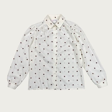 (M/L) 80s/90s White/Brown Polka Dot Blouse