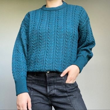 Vintage Blue Pure Wool Australian Chunky Cable Knit Crew Fisherman Sweater Sz L 