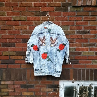 Vintage 1990's Denim Jean Jordache Floral Eagle Embroidered Jacket / Distressed / M to L 