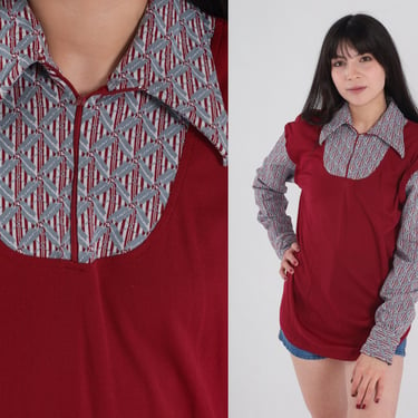 70s Collared Shirt Attached Vest Blouse Burgundy Geometric Print Long Sleeve Top Retro Freaks and Geeks Shirt Blue Vintage 1970s Medium M 