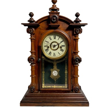 1883 Antique American Welch Spring & Co 8 Day Patti VP Carved Rosewood Table Mantle Strike Clock