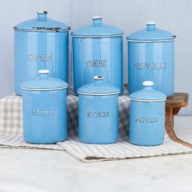 French Enamel Canister Set of 6, Pale Blue Marbled | Jan's Vintage