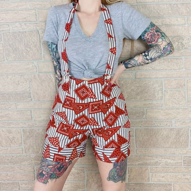 60's Handmade Pinstriped Bandana Print Suspender Shorts / Size 26 