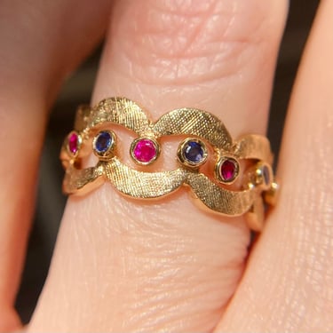 Pair of Vintage 14K Gold Sapphire & Ruby Stacking Eternity Bands, 1960s Sz 7.25 