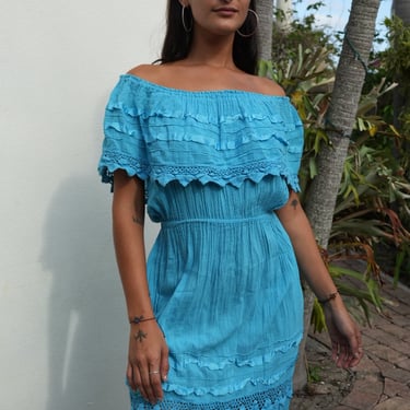 1970s Cotton Dress / Off Shoulder Gorgeous Wedding Guest Dress / Mexican Summer Dress / Gauzes Blue Dress / Seventies Dress 