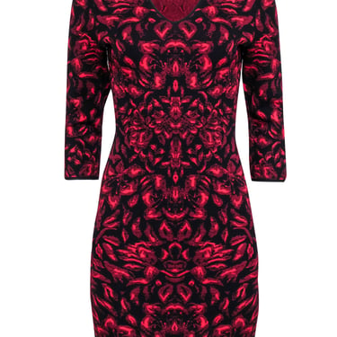 Etcetera - Red & Black Floral Patterned Knit Bodycon Dress Sz S