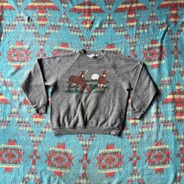 Vintage Heather Gray Deer Scene Graphic Raglan Sweatshirt 