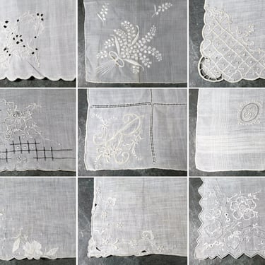 Set of 10 Vintage White Handkerchiefs with Embroidery | White Cotton or Linen Handkerchiefs | Vintage Wedding 