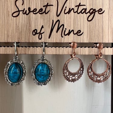 2 Pair of Clip On 1990s - Y2K Vintage Earrings Silver Turquoise + Copper Hoops 