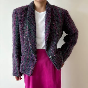 vintage blazer vintage jacket cropped jacket double chest double breasted 80s retro style fuzzy textured tweed woven purple pink size L 