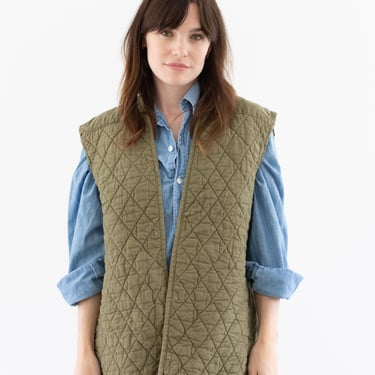 Vintage Green Diamond Quilt Cotton Vest | Unisex Sleeveless Liner Jacket | L | V9 