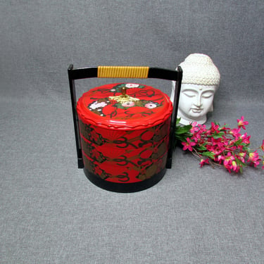 Vintage Japanese Bento Lunch Box- Red and Black-Wedding Basket-Plum Blossom-Chrysanthemum-3 Sections-Ratan wrapped Handle 