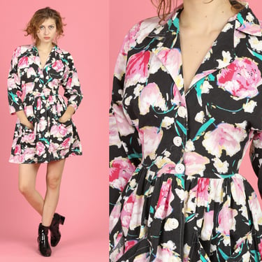 Vintage Floral Fit & Flare Dress - Extra Small | 80s 90s Button Up Collared 3/4 Sleeve Dress 