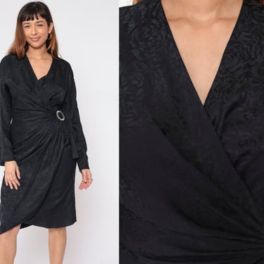 Black Silk Dress 80s Floral Jacquard Wrap Dress Evening Midi Long Dolman Sleeve V Neck Beaded O Ring 1980s Vintage Long Sleeve Medium 8 