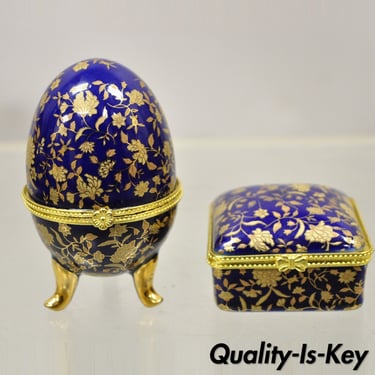 Cobalt Blue Porcelain Egg Gold Gilt Hinged Lid Candle Trinket Box - 2 Pcs