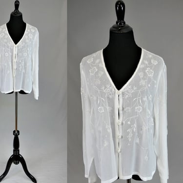 90s April Cornell Sheer White Cardigan - Beaded and Embroidered - Cornell Trading - Vintage 1990s - M 