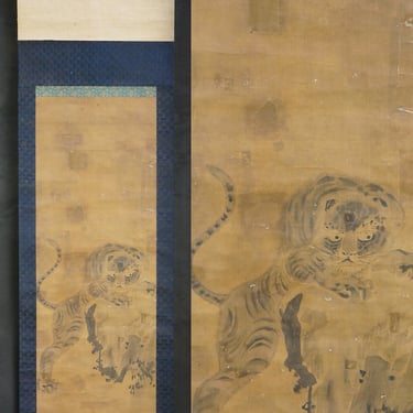 Antique Nekotora tiger scroll Sumi-e painting art 1700s Japan Kano scroll 