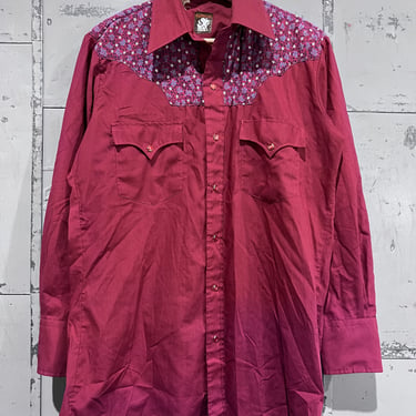 Vintage Karman Woman’s Large quilted Western Button Up maroon and floral print. 