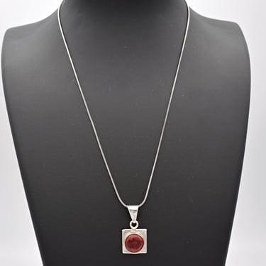 90's Mexico 925 silver bloodstone Modernist pendant, edgy red stone sterling snake chain necklace 