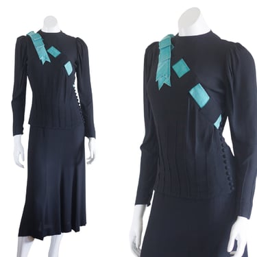 1940s black blouse and skirt set with blue ribbon 