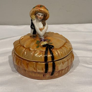 Lusterware Art Deco Girl Covered Dresser Powder Jar, delicate trinket box, orange collectible boxes, gifts for daughters 